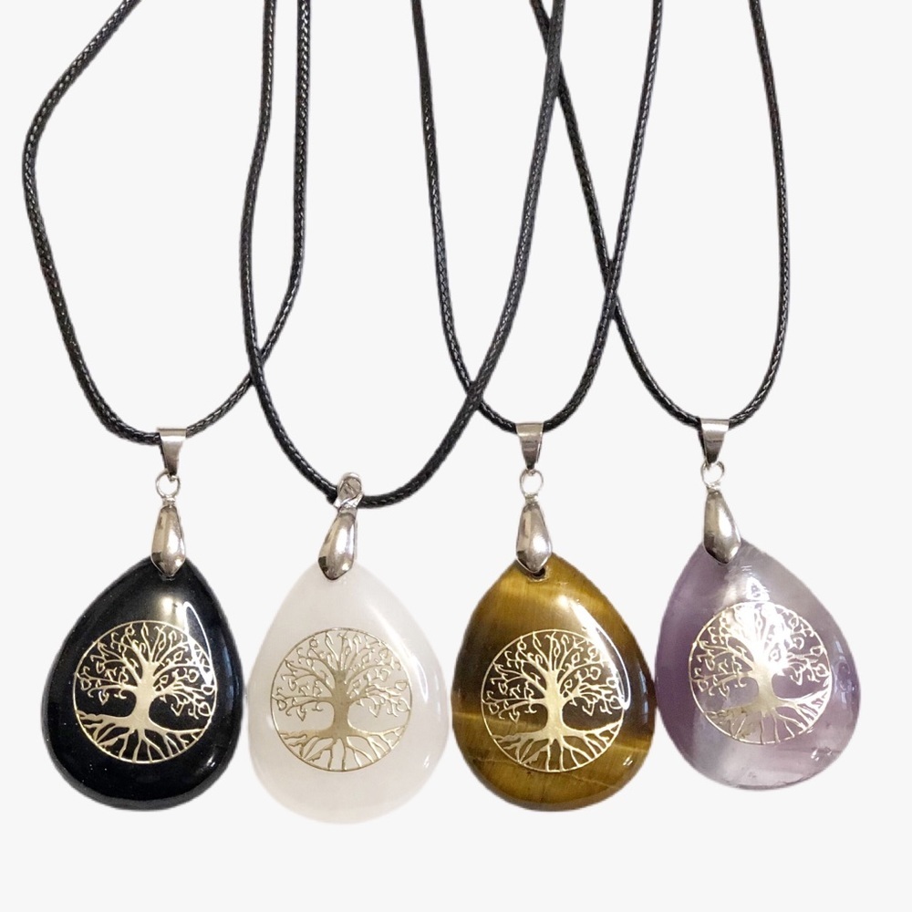 New Tree of Life Pendant Boho Hippie Crystal Stone Necklace Pack of 4 - Picture 2 of 11